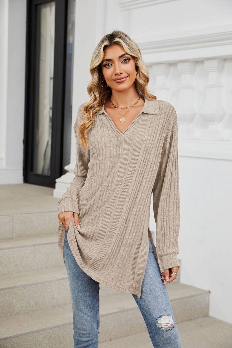 CWTBLL3668_FLIP COLLAR SLIT LONG SLEEVED LOOSE T-SHIRT TOP