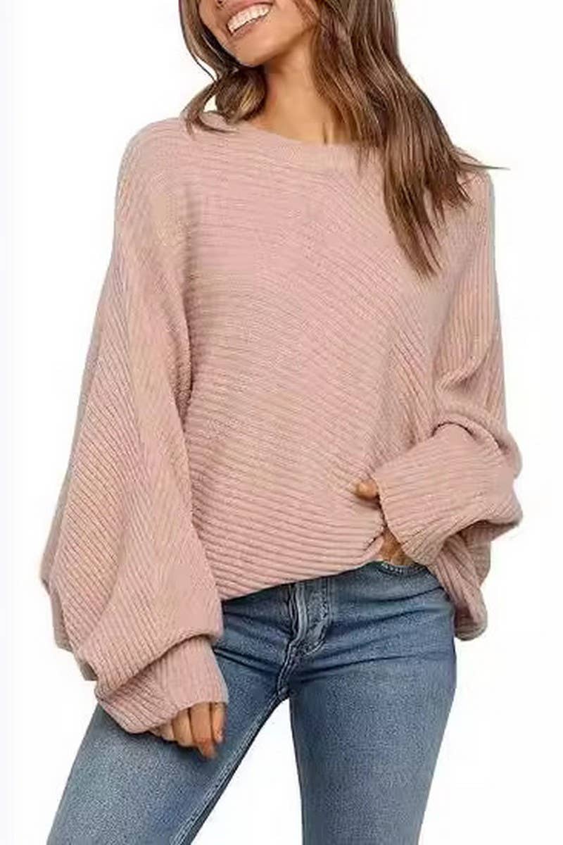 CWOSWL6384_ROUND NECK SOLID COLOR BAT LONG SLEEVE SWEATER