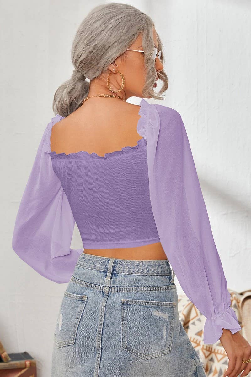 CWTBLL2261_SQUARE COLLAR RUFFLED LONG SLEEVE SHORT TOP
