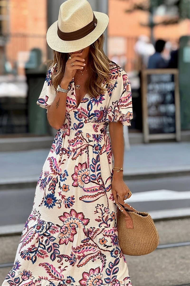 CWDMD6482_FLORAL V-NECK RUFFLE SLEEVE BELTED DRESS