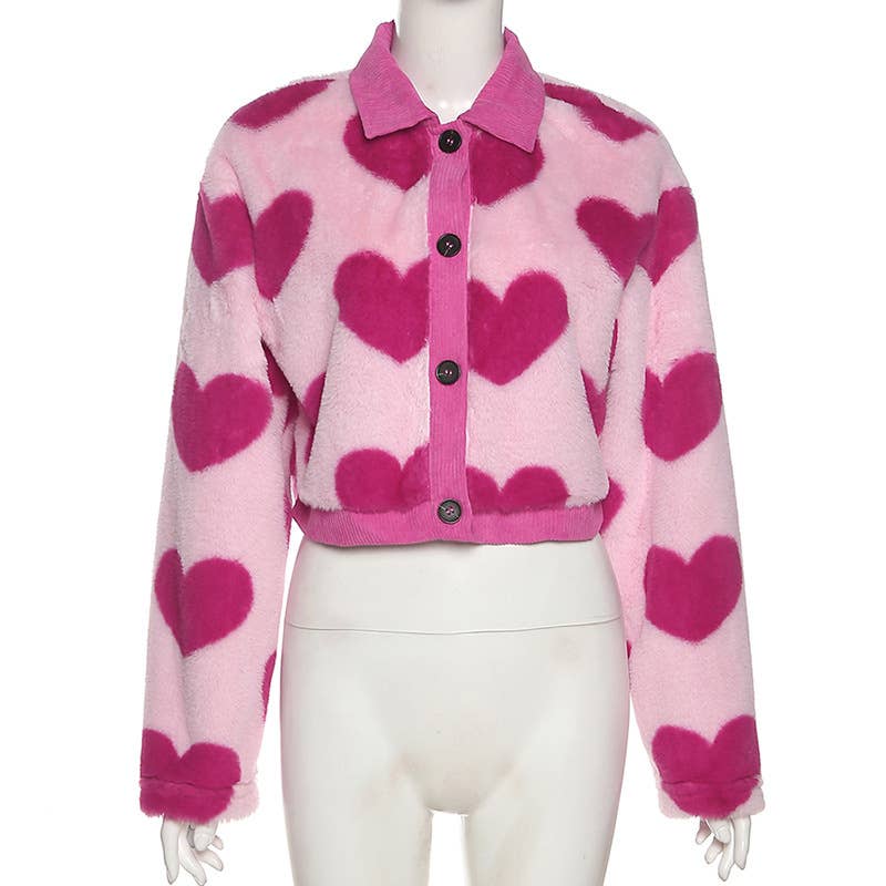 COLOR CONTRAST FASHION LOVE LAPEL PLUSH COAT