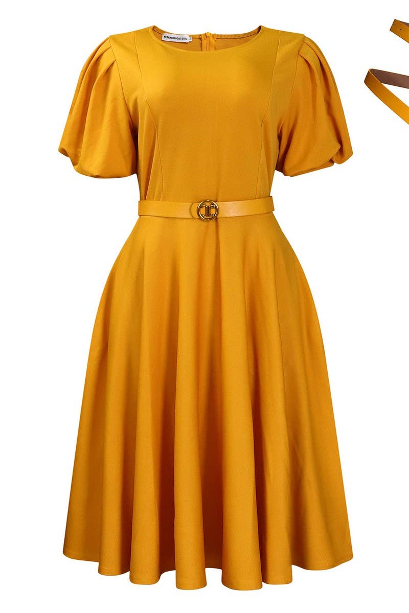 CWDMD01255_WOMEN PUFF SLEEVE ROUND NECK A LINE MIDI DRESS