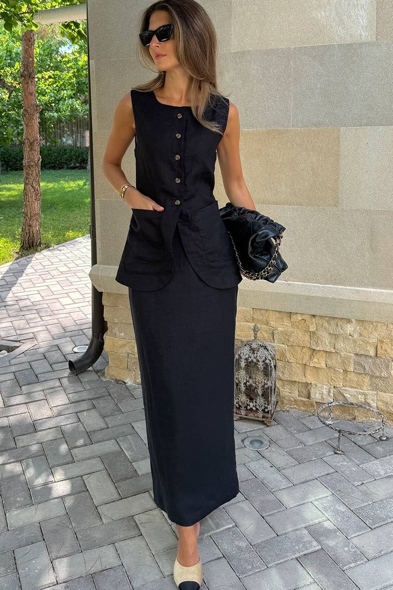 CWSS1141_LINEN SLEEVELESS TANK TOP & HIGH WAIST SKIRT SET