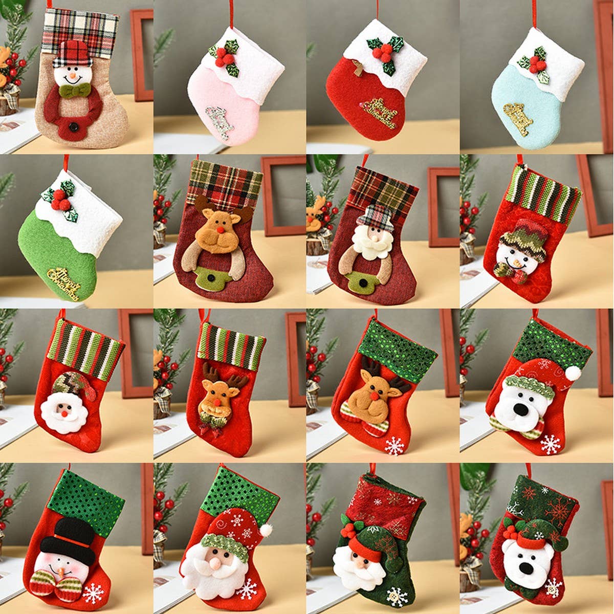 CHRISTMAS DECORATIONS WITH VARIOUS CHRISTMAS SOCKS