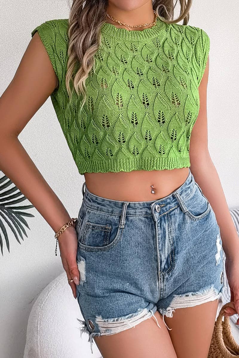 CWOV0286_KNITTED HOLLOW LEAF CROP HOLIDAY VEST TOP