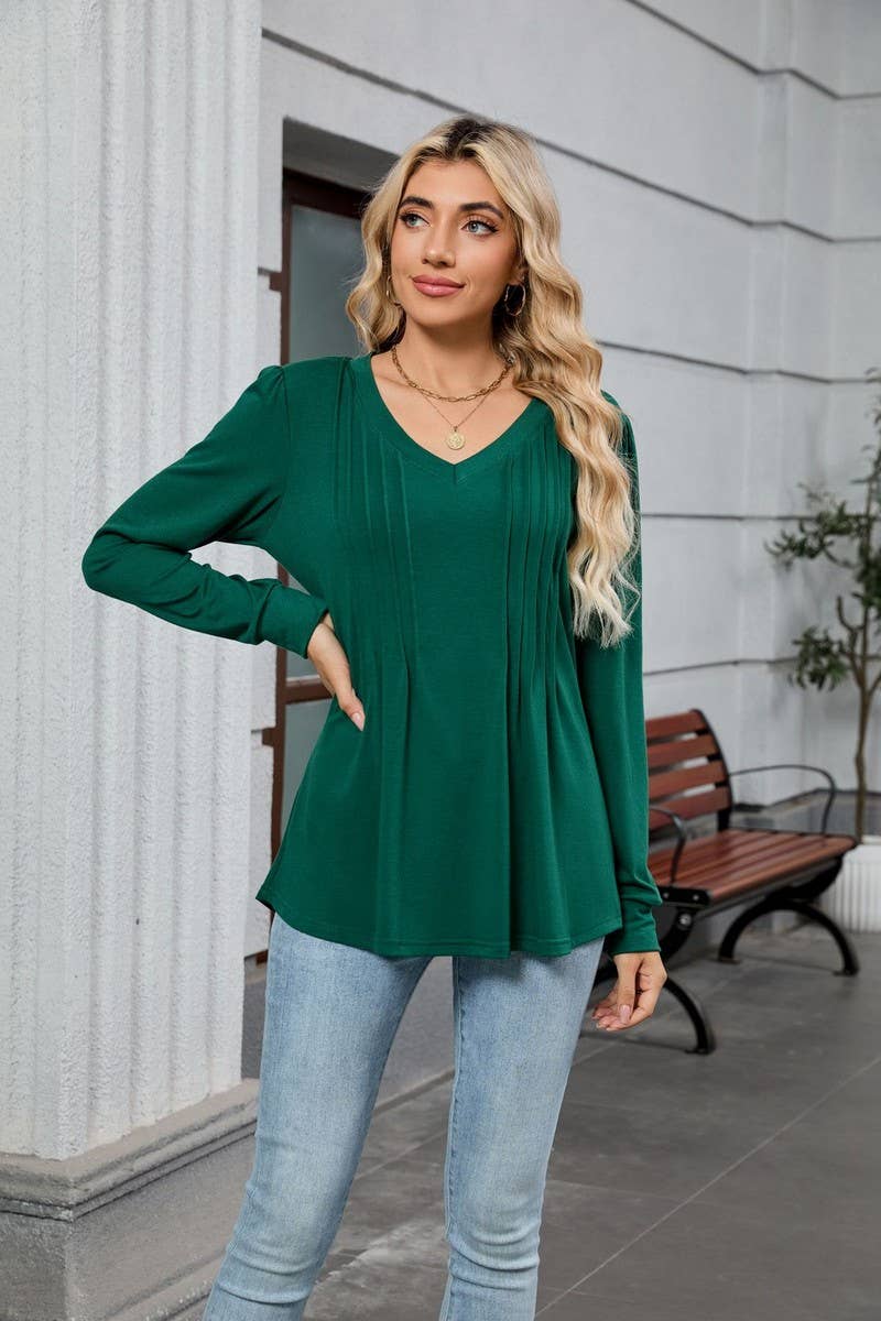 CWTBLL01306_V NECK RIBBED SOLID LONG SLEEVE CASUAL TEE