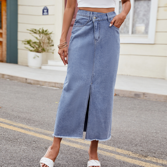 Women?™s Washed Denim Maxi Skirt Asymmetrical_CWJSK0205