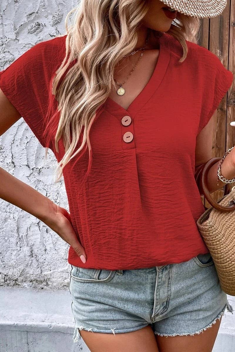 CWTBLS1822_SUMMER V-NECK BUTTON-DOWN LOOSE CASUAL SHIRT