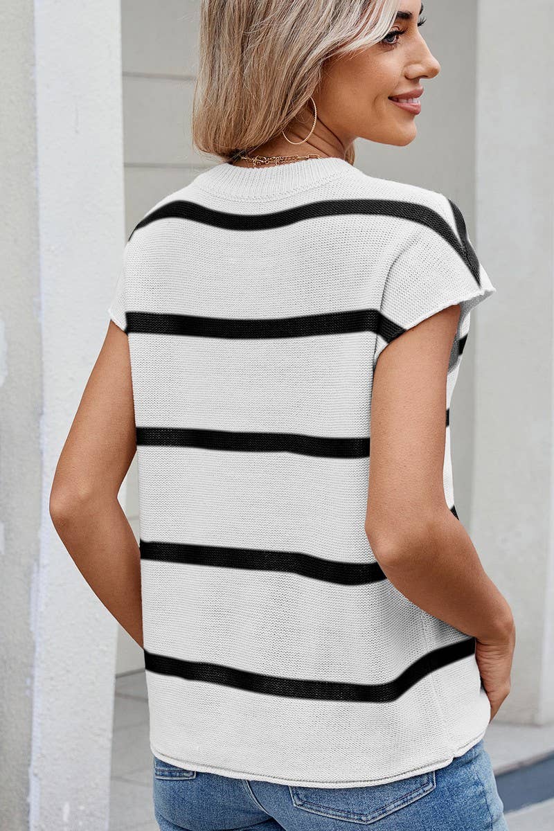CWTBLS02499_STRIPED CREW NECK SLEEVELESS KNIT TANK