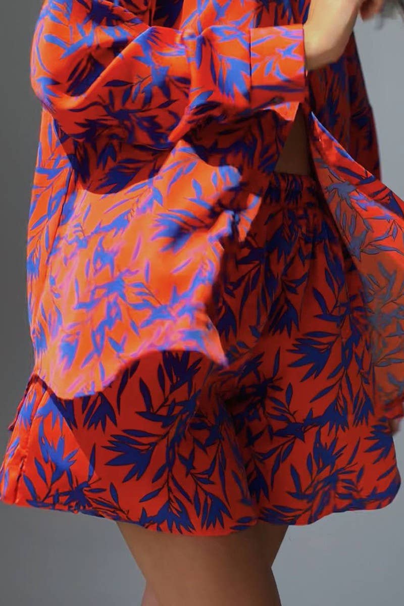 CWSTB1824_ORANGE BAMBOO PRINT SHIRT AND SHORTS SET