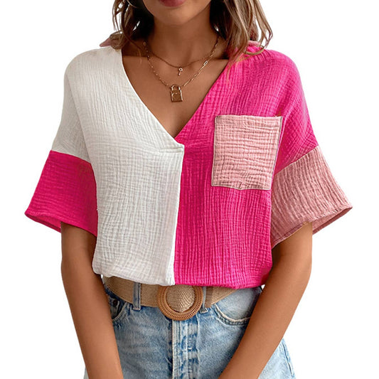 Color contrast patchwork short sleeve Vneck shirt