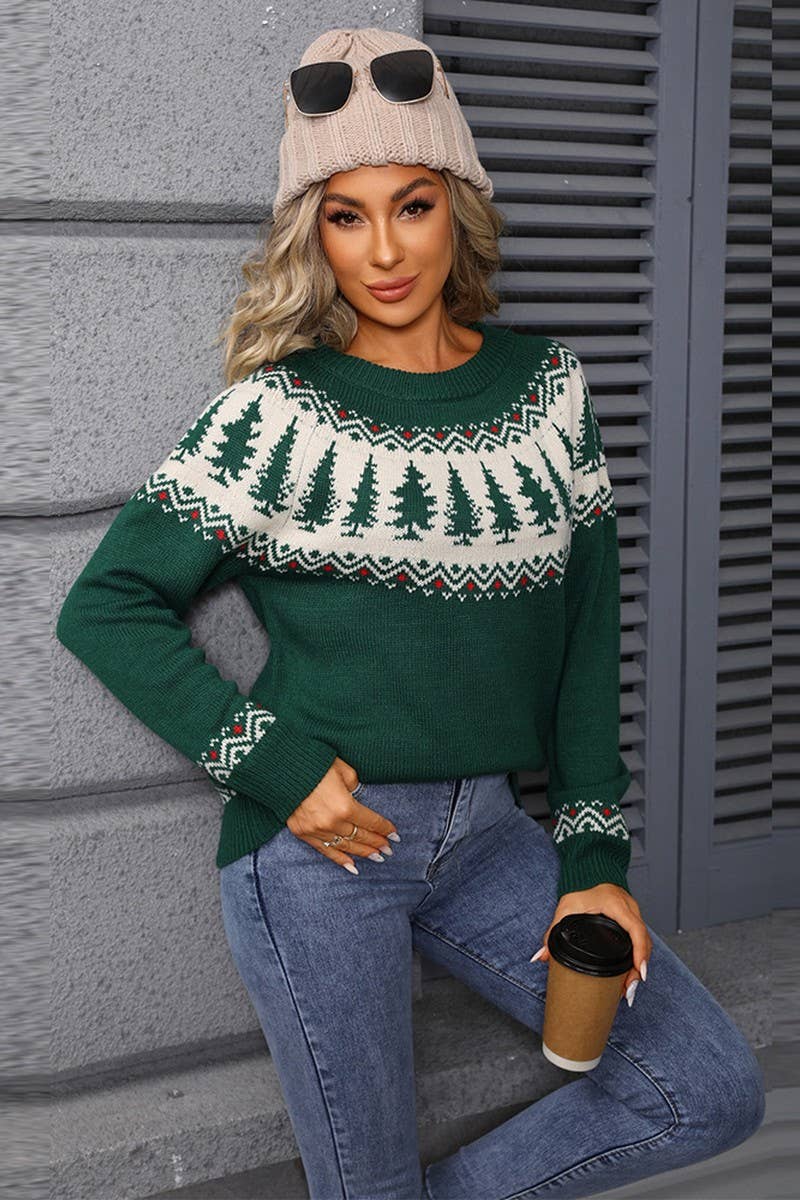 CWOSWL07573_CREW NECK JACQUARD CHRISTMAS TREE SWEATER