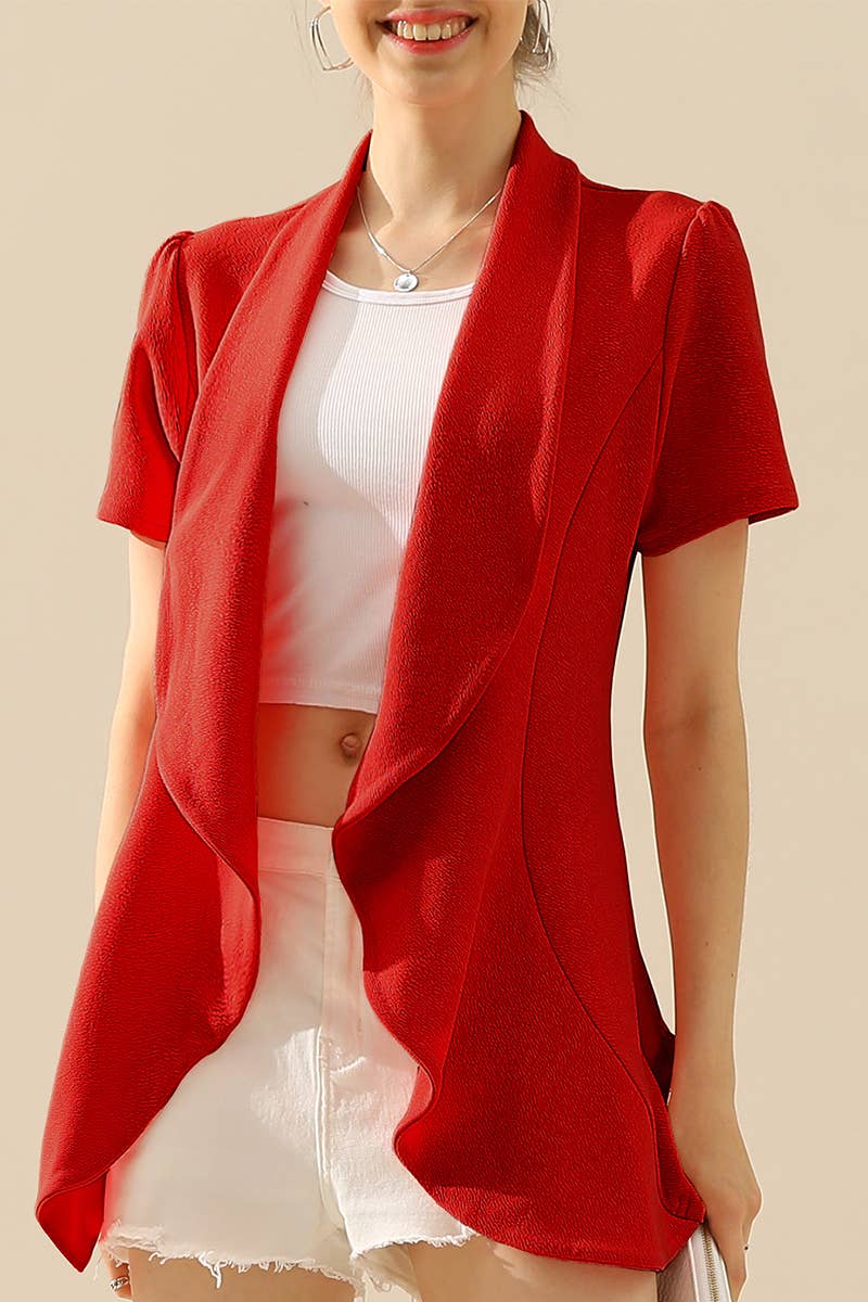 CWOBL095_Short Sleeve Open Front Draped Ruffles Blouses