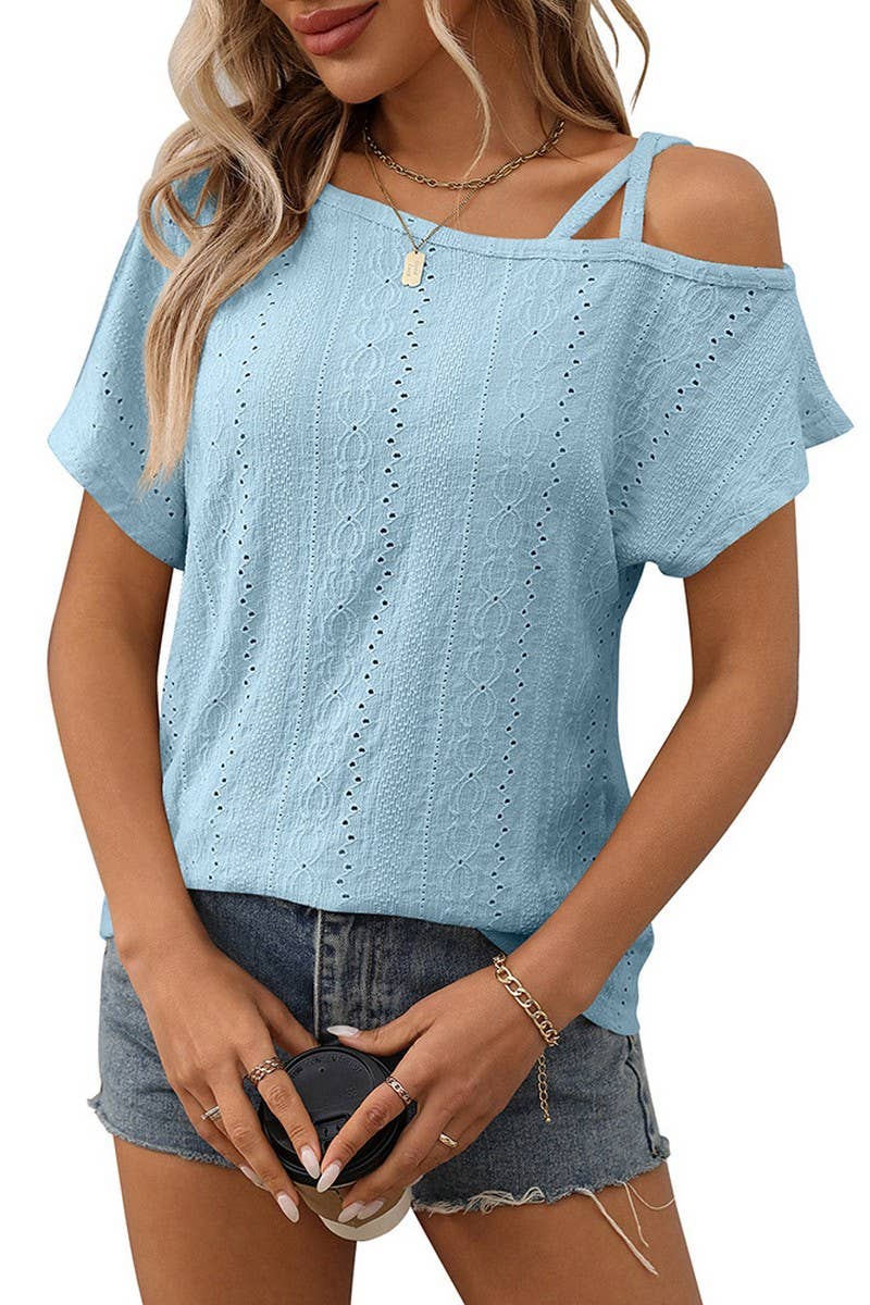 CWTBLS1717_SOLID COLOR ONE SHOULDER HOLLOW SHORT SLEEVE TOP