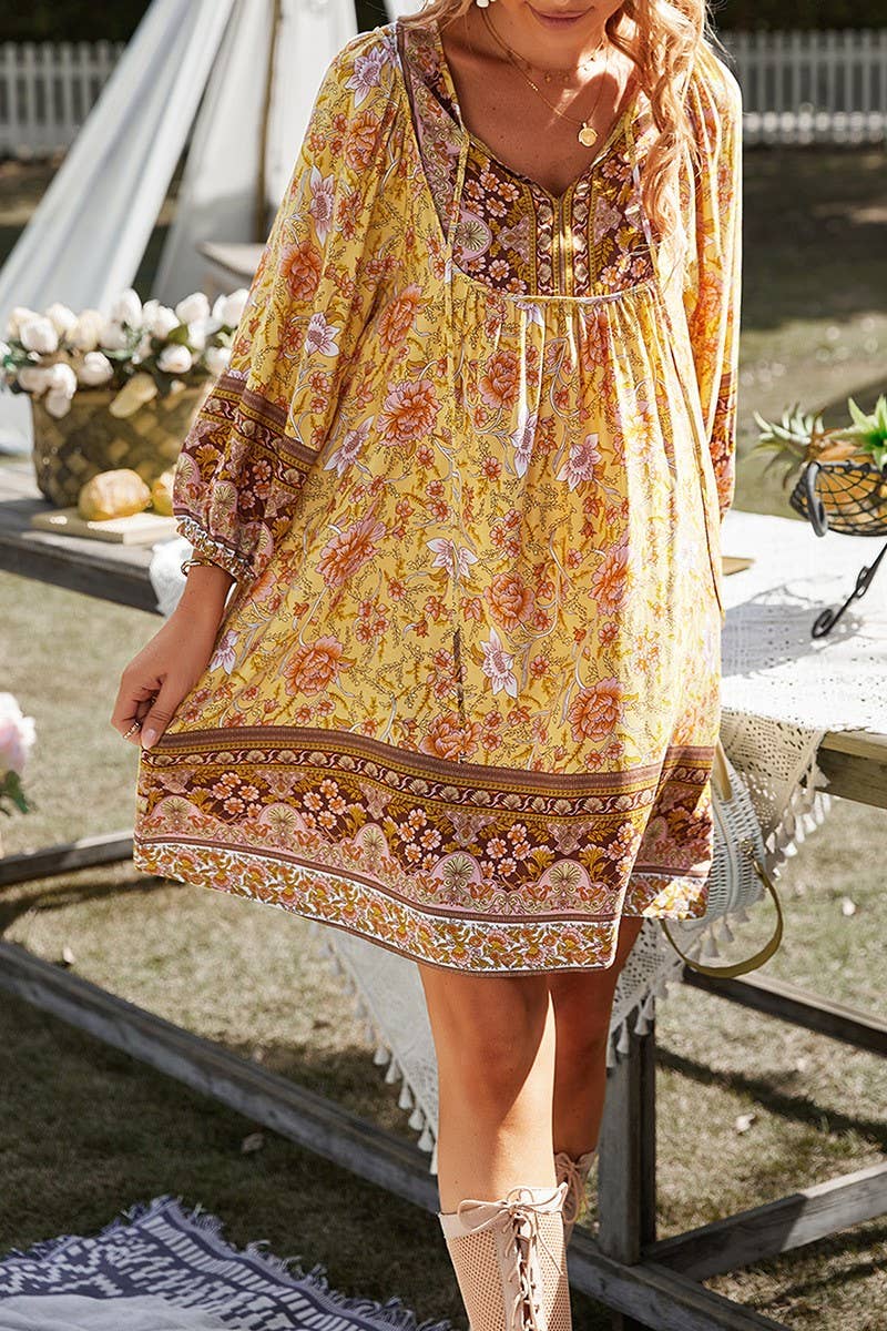 CWDSD10494_CONTRAST COLOR TIE THREE-QUARTER SLEEVE DRESS