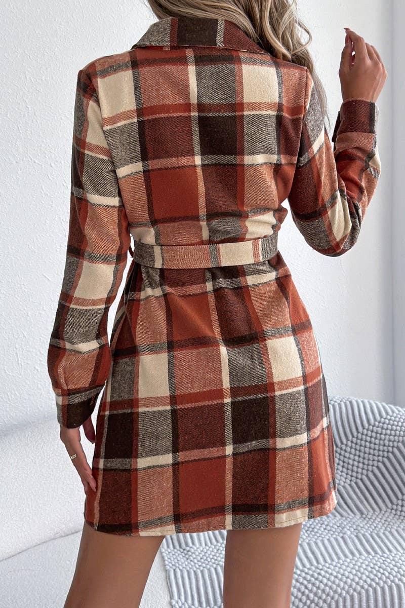 CWTDSL0124_CASUAL COLORBLOCK LONG SLEEVE PLAID SHIRT DRESS