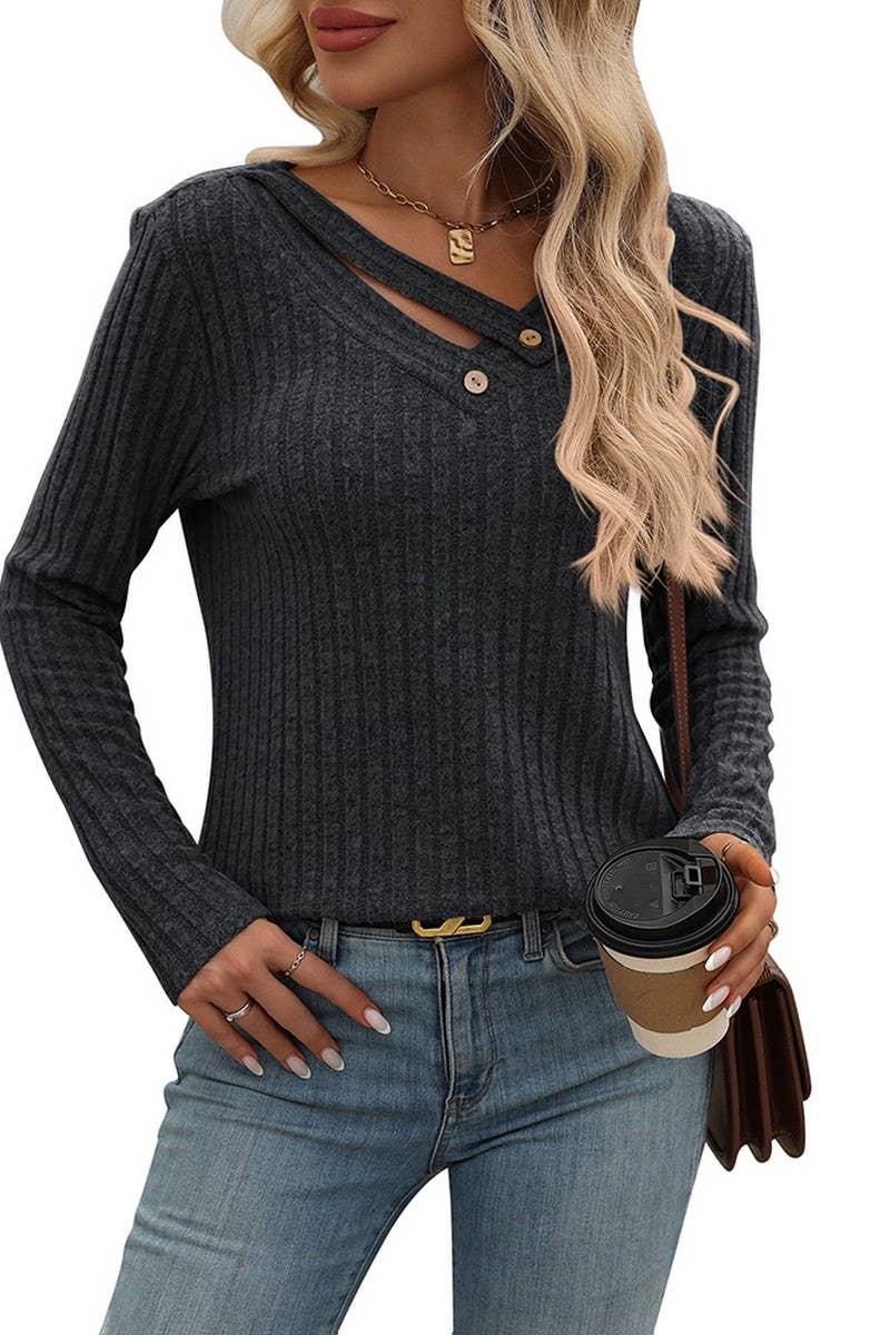 CWTBLL1487_RELAXED V NECK RIBBED BUTTON TOP