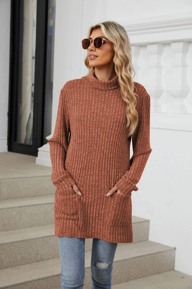CWTBLL2364_HALF TURTLENECK LONG SLEEVE CASUAL POCKET TOP