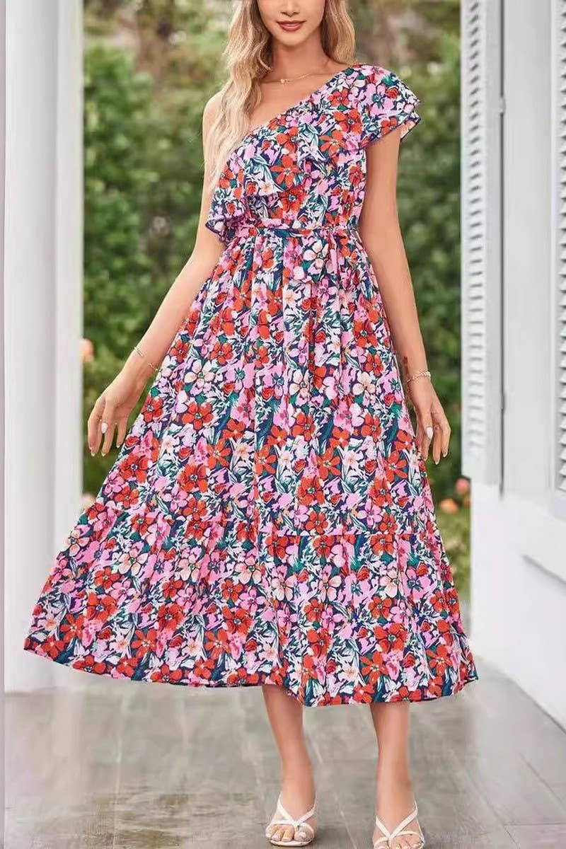 CWDMD4123_ONE-SHOULDER PRINTED TIE-NECK RUFFLE DRESS