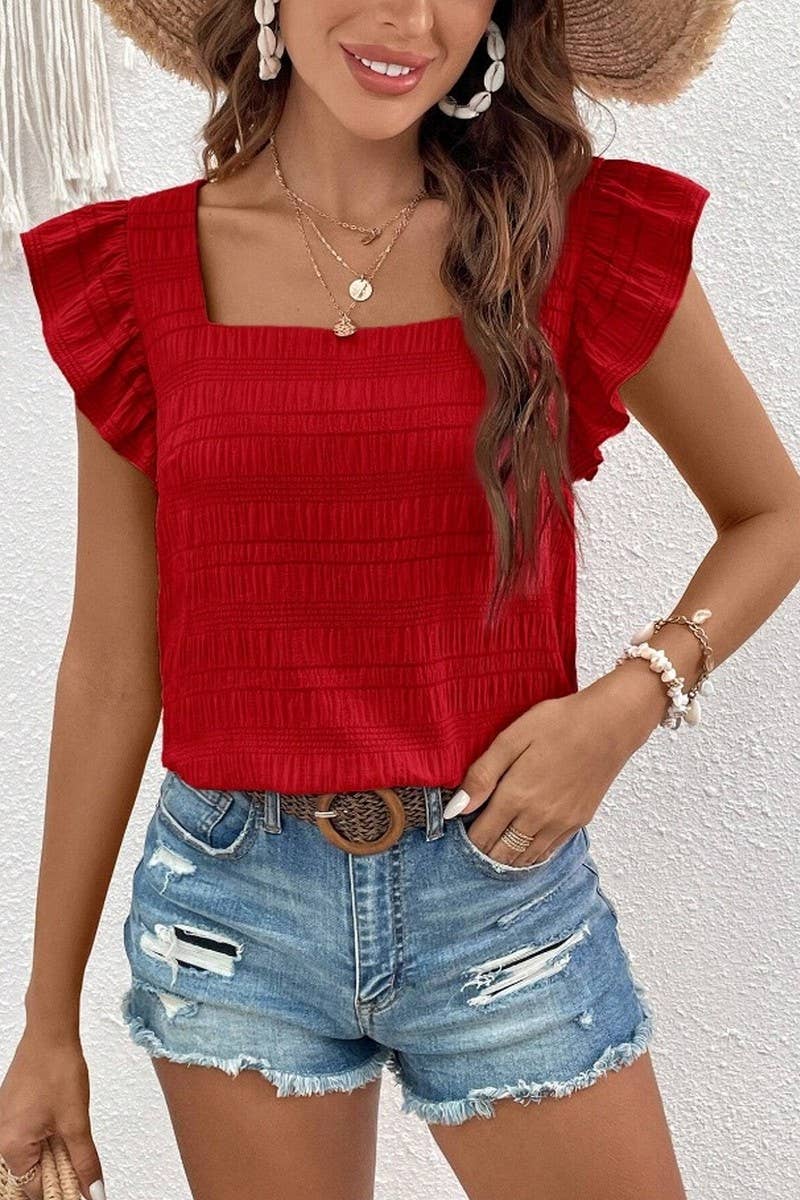 CWTBLS0608_SQUARE COLLAR RUFFLED SHIRT BLOUSE TOP