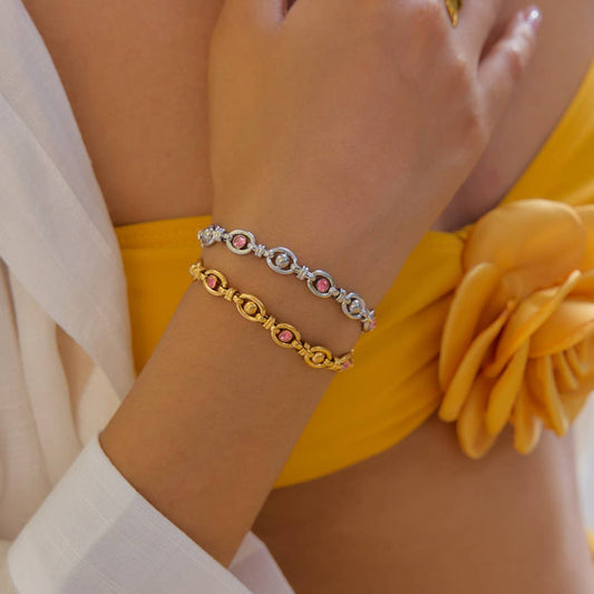 Unique 18K Gold Pink Zircon Circle Chain Bracelet
