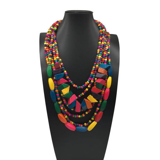 MULTI-LAYERED IRREGULAR WOODEN BEADS NECKLACE