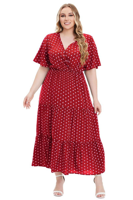 CWDMD3210_PLUS SIZE V-NECK POLKA DOT SHORT SLEEVE DRESS