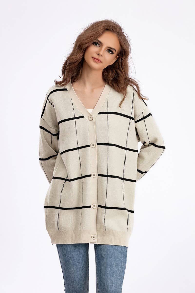 CWOCAL00671_STRIPED PLAID LOOSE KNIT CARDIGAN SWEATER