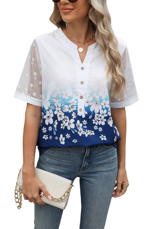 CWTBLS1706_V-NECK PRINTED CHIFFON SHORT-SLEEVED TOP