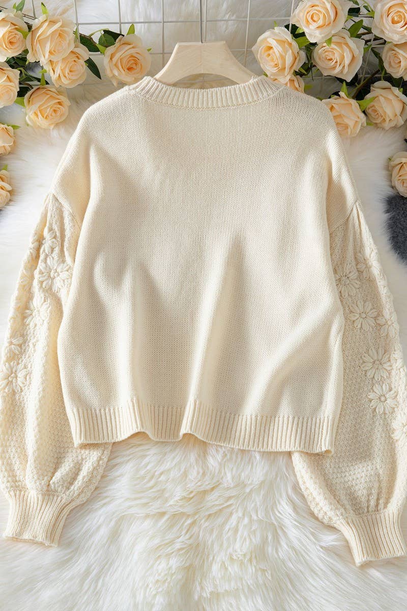 CWOSWL6960_EMBROIDERED 3D DAISY PULLOVER KNIT SWEATER