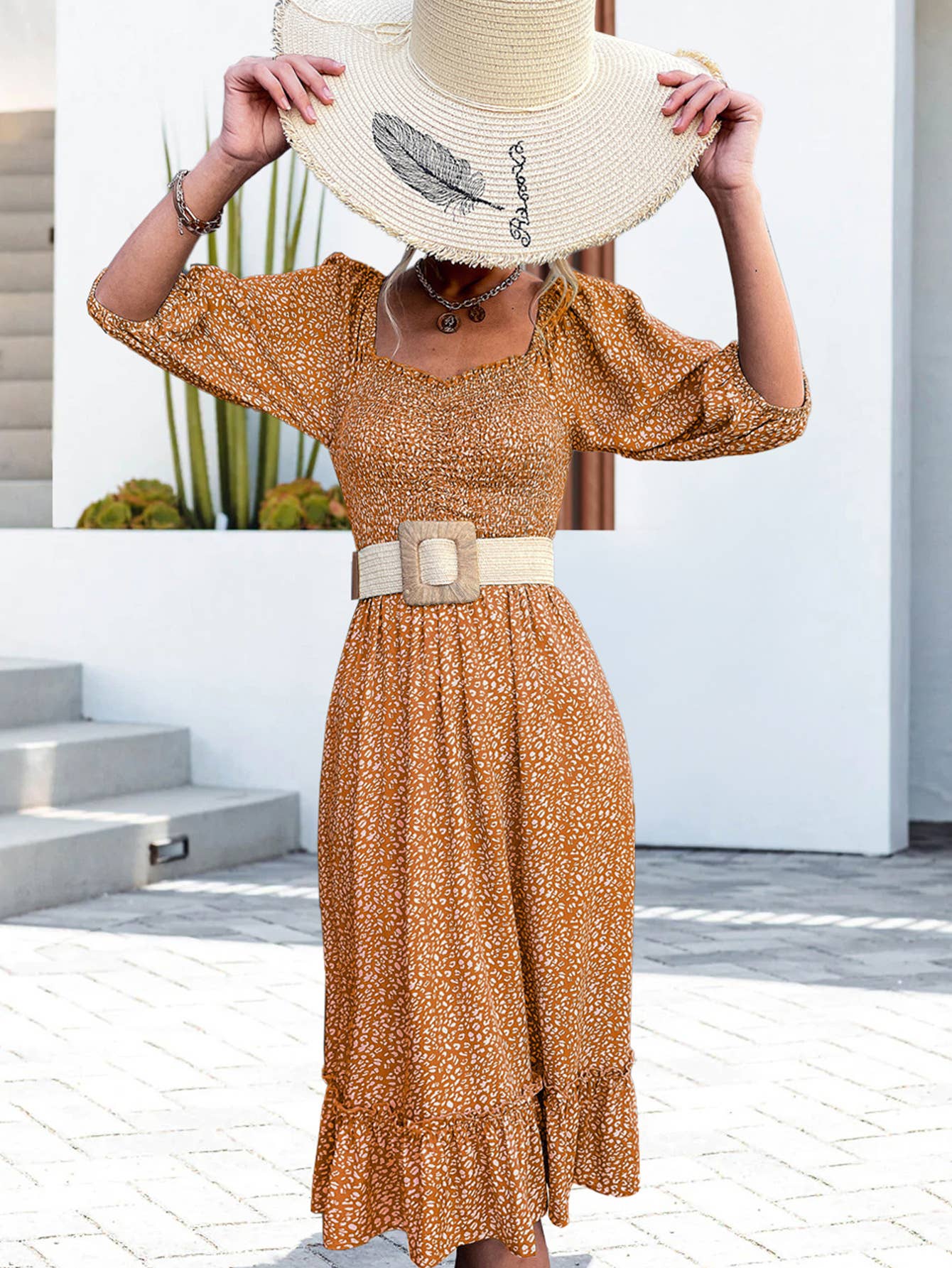 FLORAL DRESS WITH SQUARE COLLAR PUFFED SLEEVES