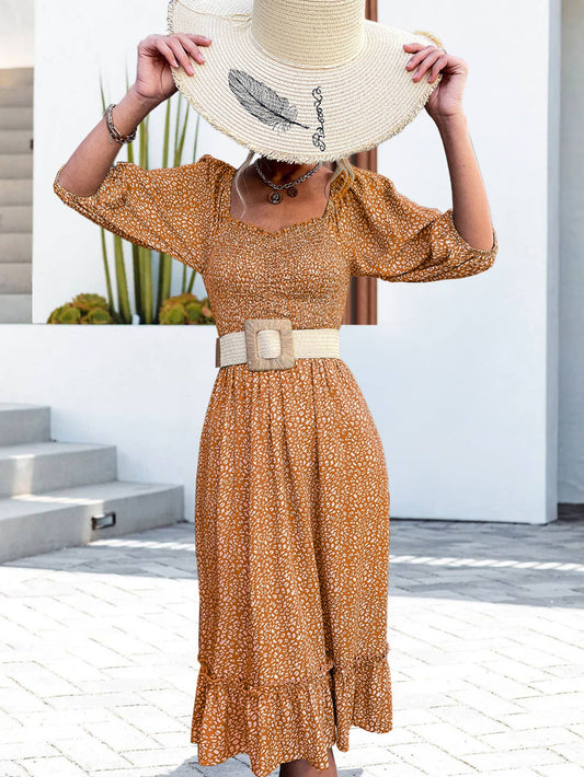 FLORAL DRESS WITH SQUARE COLLAR PUFFED SLEEVES
