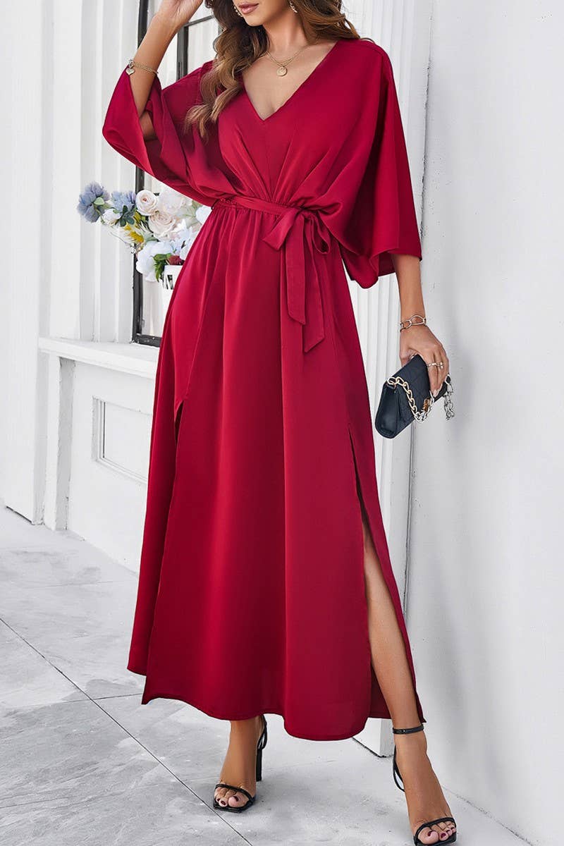 CWDMD1334_V-Neck 3/4 Sleeve With Belt Maxi Dresses
