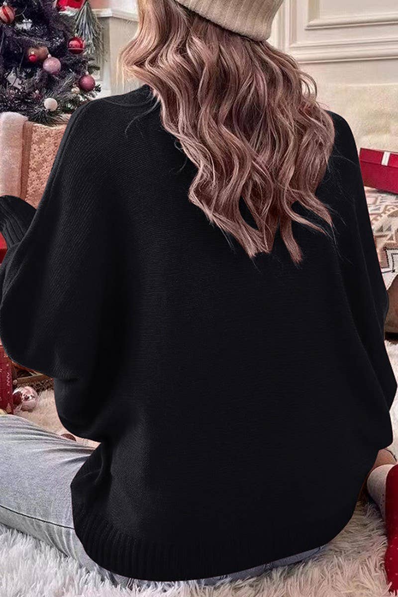 CWOSWL2442_LOVE HIGH COLLAR BAT SLEEVE PULLOVER KNIT TOP