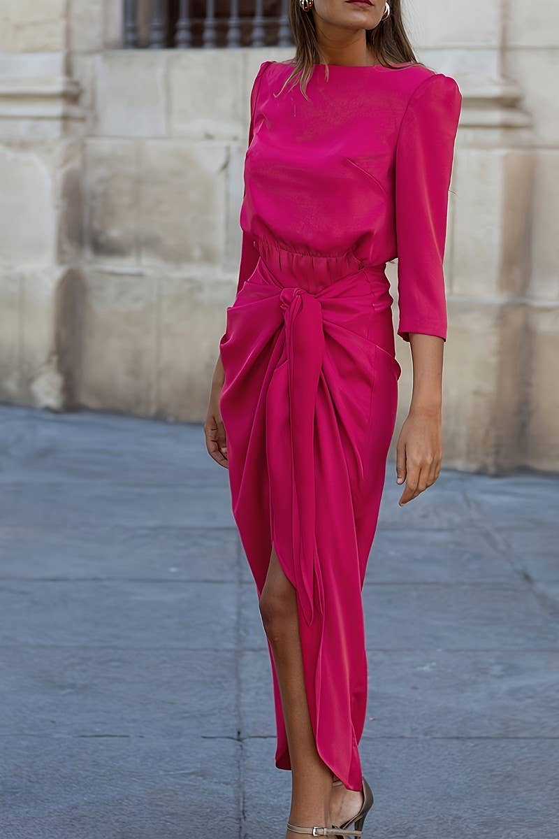 CWDMD01218_SOLID COLOR THREE-QUARTER SLEEVE TIE DRESS