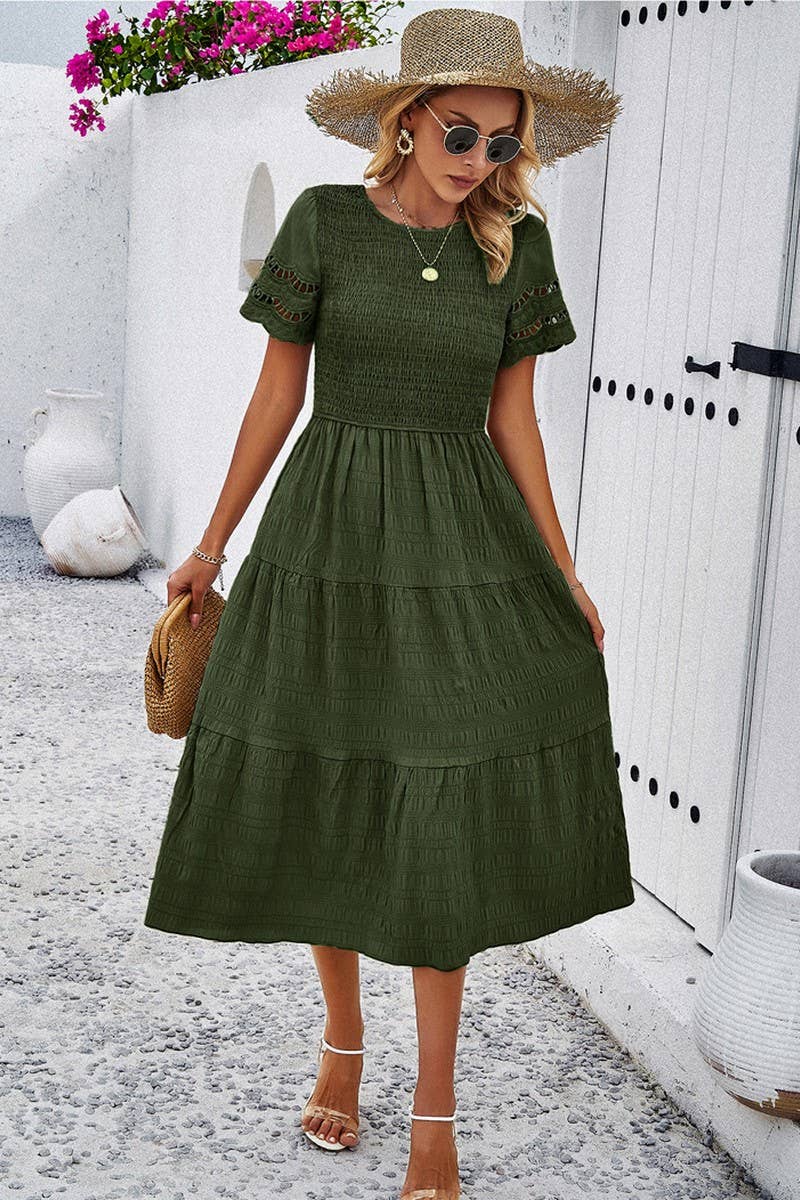 CWDSD2795_Smocking Detailed Short Sleeve Dress