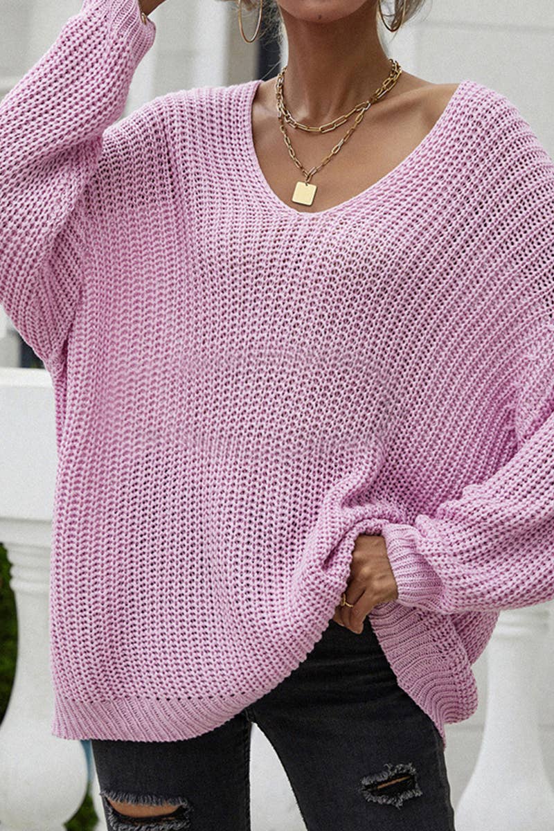 CWTTL1077 Oversized Long Sleeve V-Neck Pullover Sweater