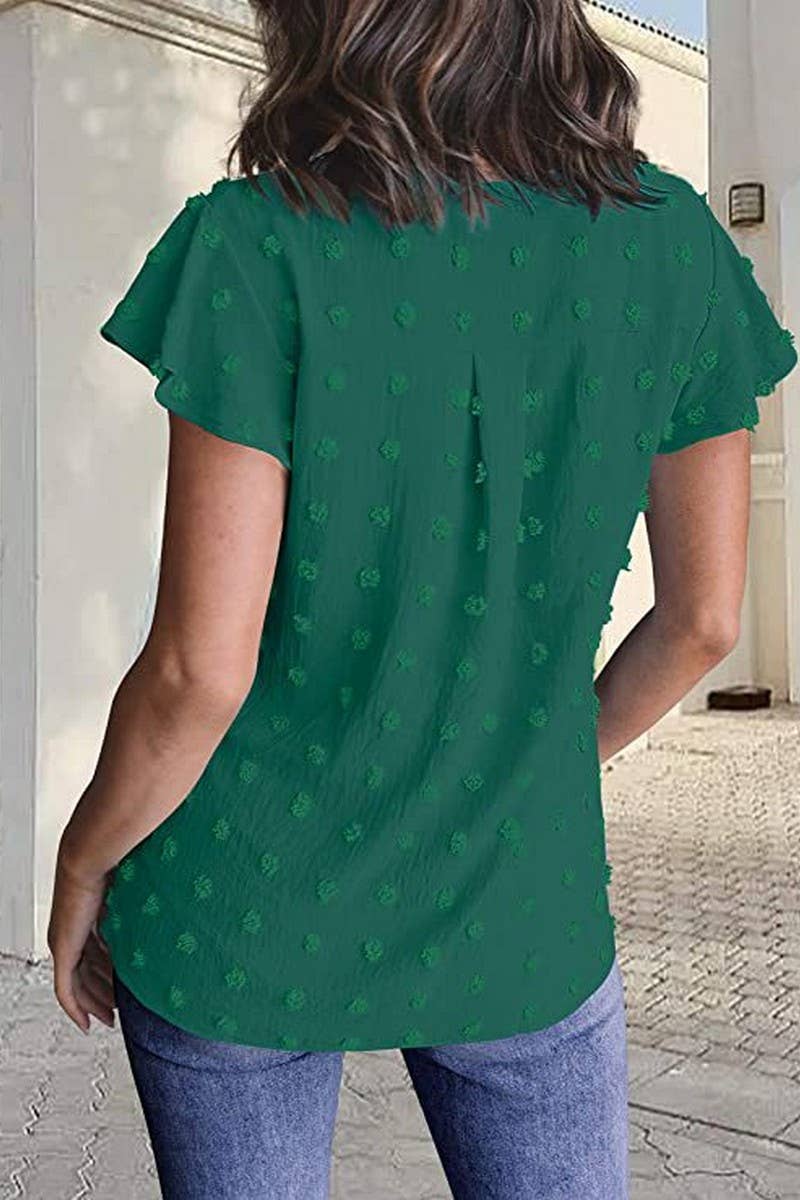 CWTBLS0606_V-NECK RUFFLED SLEEVE CHIFFON SHORT-SLEEVED TOP