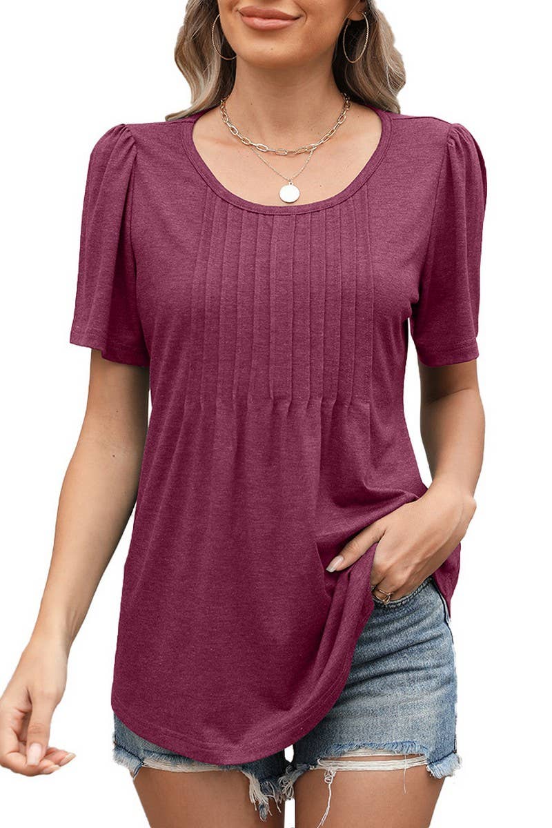 CWTBLS1724_LOOSE CREW NECK PLEATED PRINT SHORT SLEEVE TOP