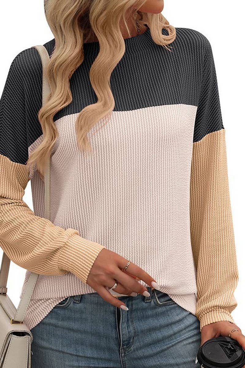 CWTBLL1490_ROUND NECK TWIST COLOR BLOCK LONG SLEEVE T-SHIRT