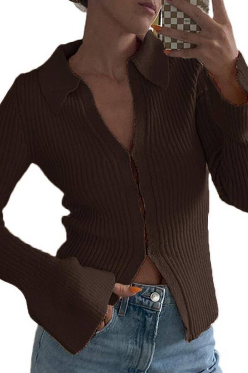 CWOCAL2221_SOLID COLOR LAPEL BELL SLEEVE KNIT CARDIGAN TOP