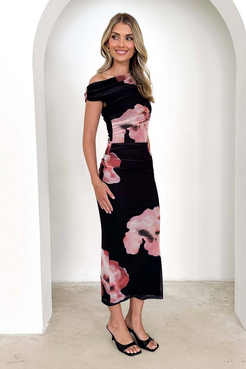 CWDMD6093_ONE SHOULDER SLEEVELESS RUCHED PRINT MAXI DRESS