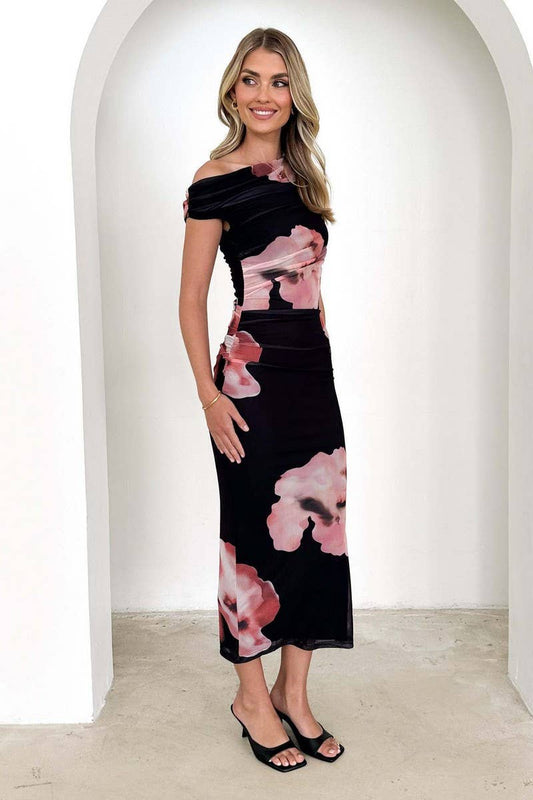 CWDMD6093_ONE SHOULDER SLEEVELESS RUCHED PRINT MAXI DRESS