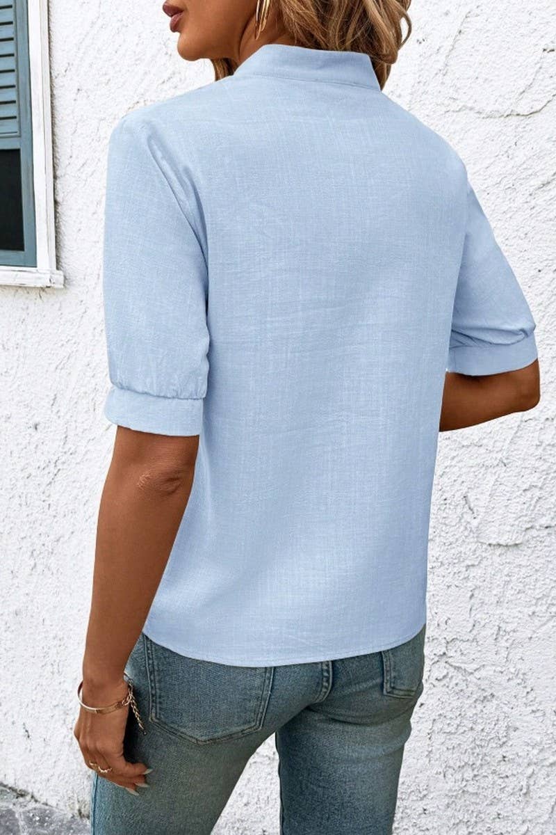 CWTBLS2269_V-NECK COTTON EMBROIDERED SHORT SLEEVE SHIRT