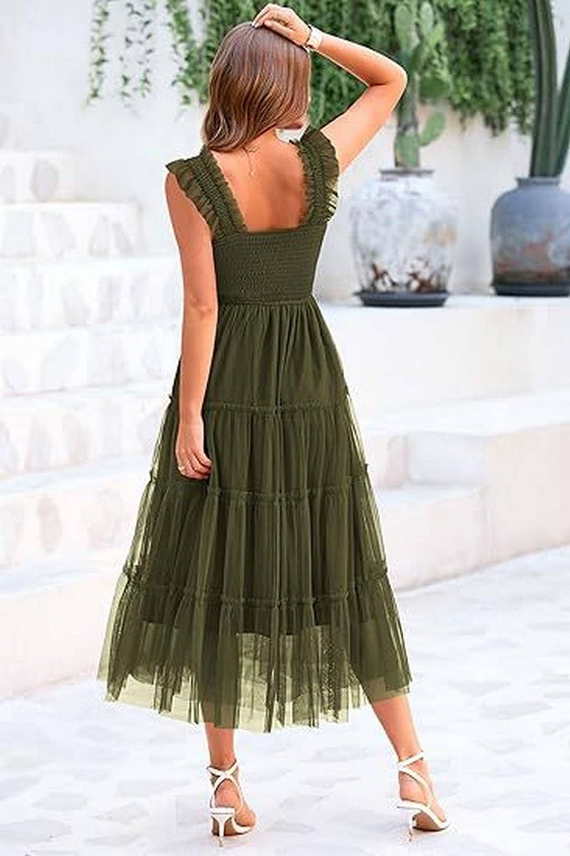 CWDHL1088_SLEEVELESS PLEATED MESH PANELED PUFFY VEST DRESS