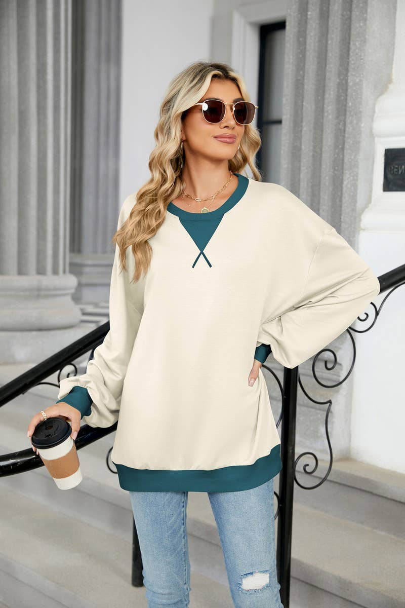 CWTBLL3743_AUTUMN AND WINTER CONTRAST COLOR LOOSE SWEATSHIRT