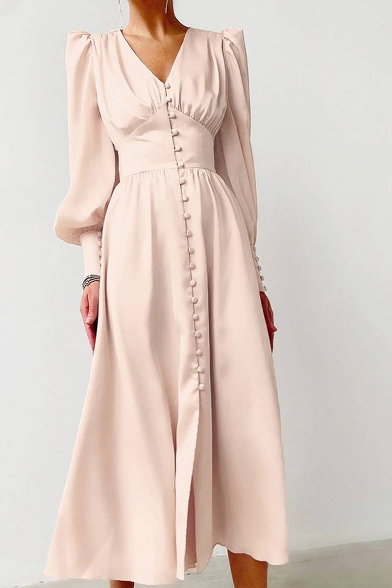 CWDMD4255_V-NECK SATIN PALACE RETRO LONG SLEEVE DRESS