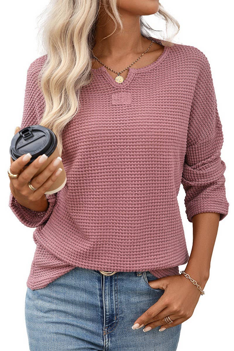 CWOSWL07716_STRIPED WAFFLE KNIT TOP WOMEN CASUAL LONG SLEEVE