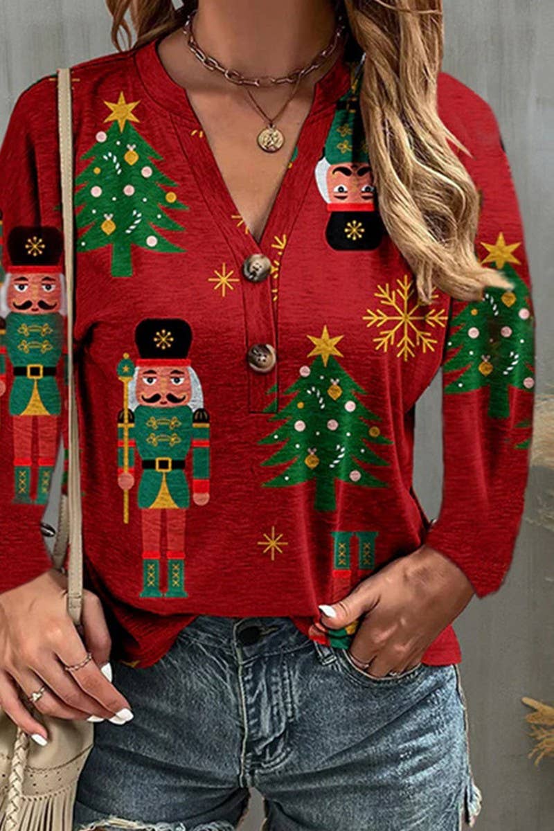CWTBLL3755_V-NECK CHRISTMAS TREE PRINT LONG SLEEVE TOP