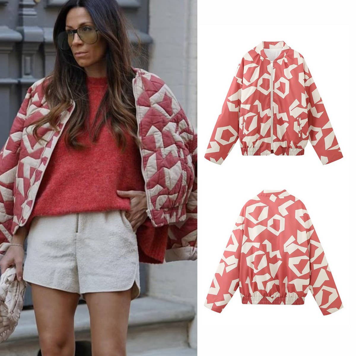 COLORBLOCK PRINT ZIP-UP QUILTED JACKET